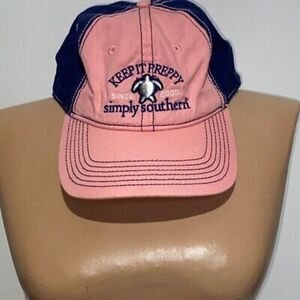 Simply Southern Women's Pink Blue Keep It Preppy Sea Turtle Strap Back Cap OS